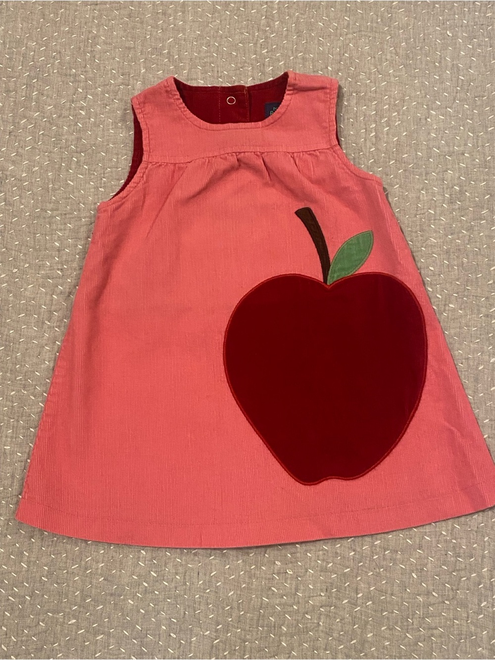 Mini Boden Girls Pink Corduroy Apple Appliqué A-Line Dress 6–12 Months